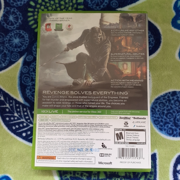 Xbox 360 Dishonored Brand New Case Sealed - Picture 3 of 4